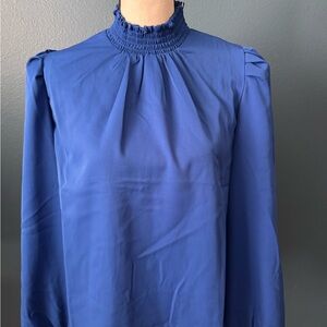 MELLODAY Royal Blue Smocked High Neck Long Sleeve Blouse